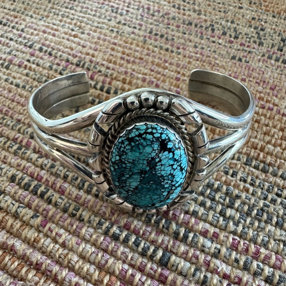 Native American Genuine Turquoise and Sterling Silver Cuff - Picture 3 of 8